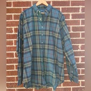 Ralph Lauren Classic Fit Button Down Shirt 100% Cotton Size XLT Navy Green Plaid
